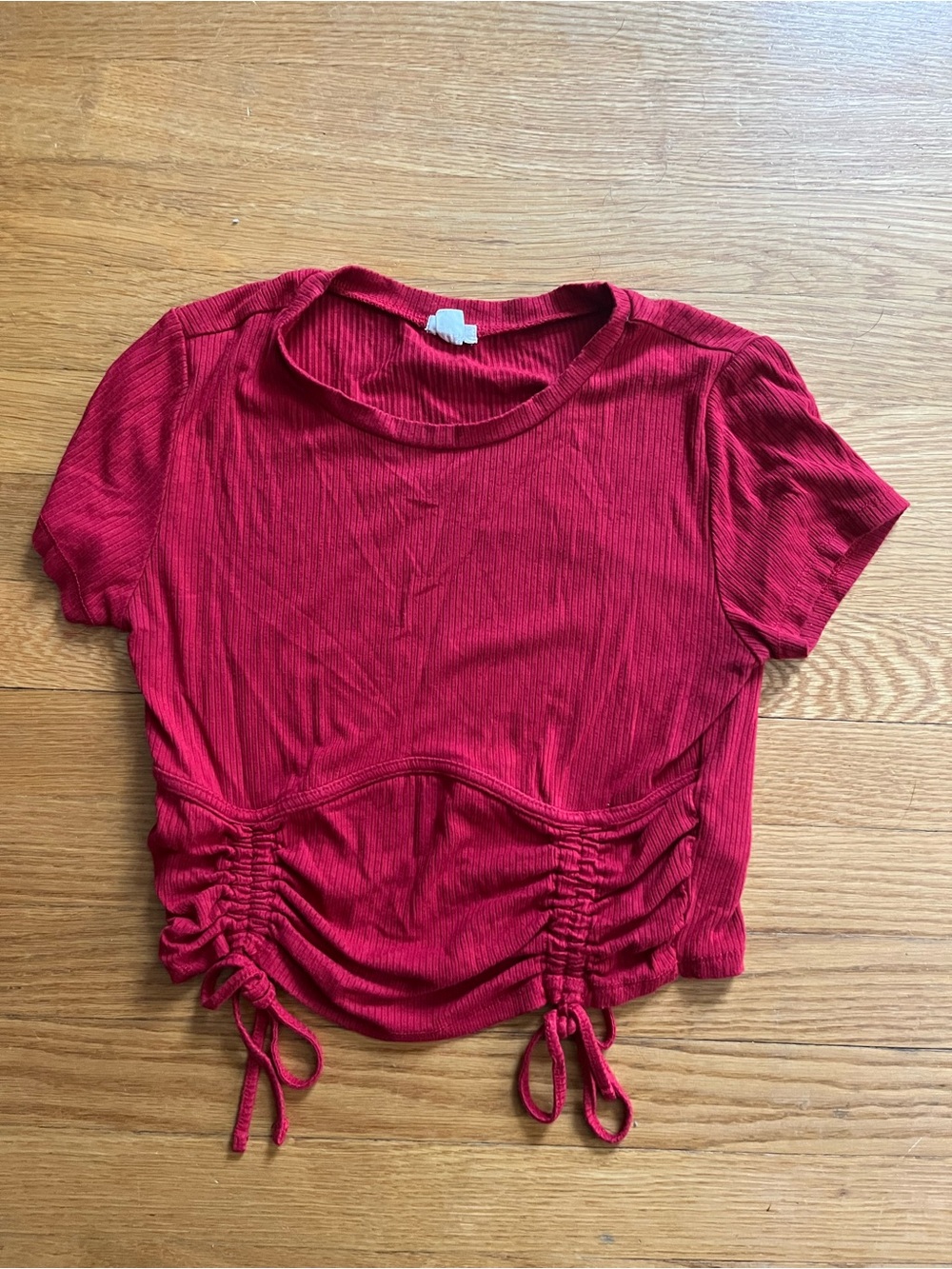 Garage Red Ribbed Ruched Tie-Front Crop Top